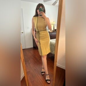 Vintage Mustard Midi Dress with Olive Trim